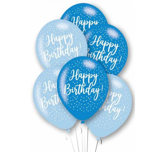 Blue and light blue balloons with 'Happy Birthday!' text