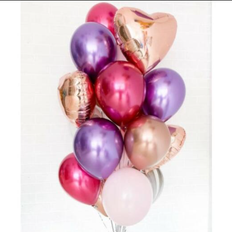 Bouquet of foil heart and colourful chrome latex balloons including pink, purple, white and rose gold.
