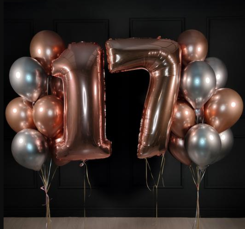 Rose gold and silver latex with number 17  foil balloons 